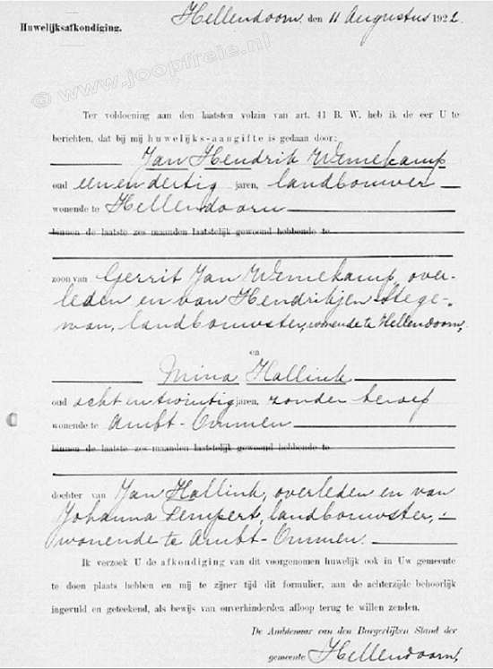 Klik voor foto in apart venster 78_hallink-wemekamp_1922_huwelijksafkondiging.jpg